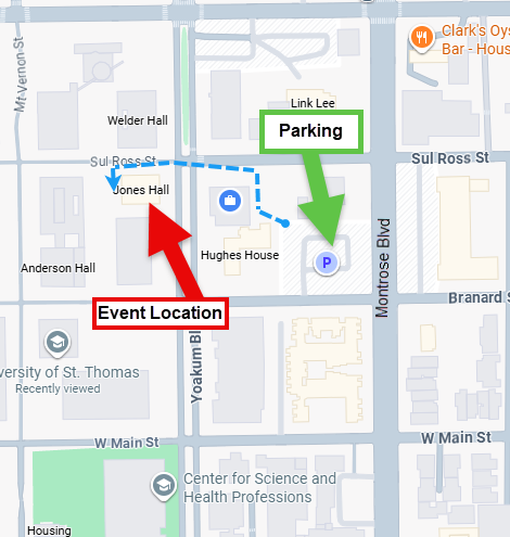 A screenshot of Google Maps showing the location of the parking lot and Jones Hall. It also provided a dotted blue line for directions from the parking lot to the event location.