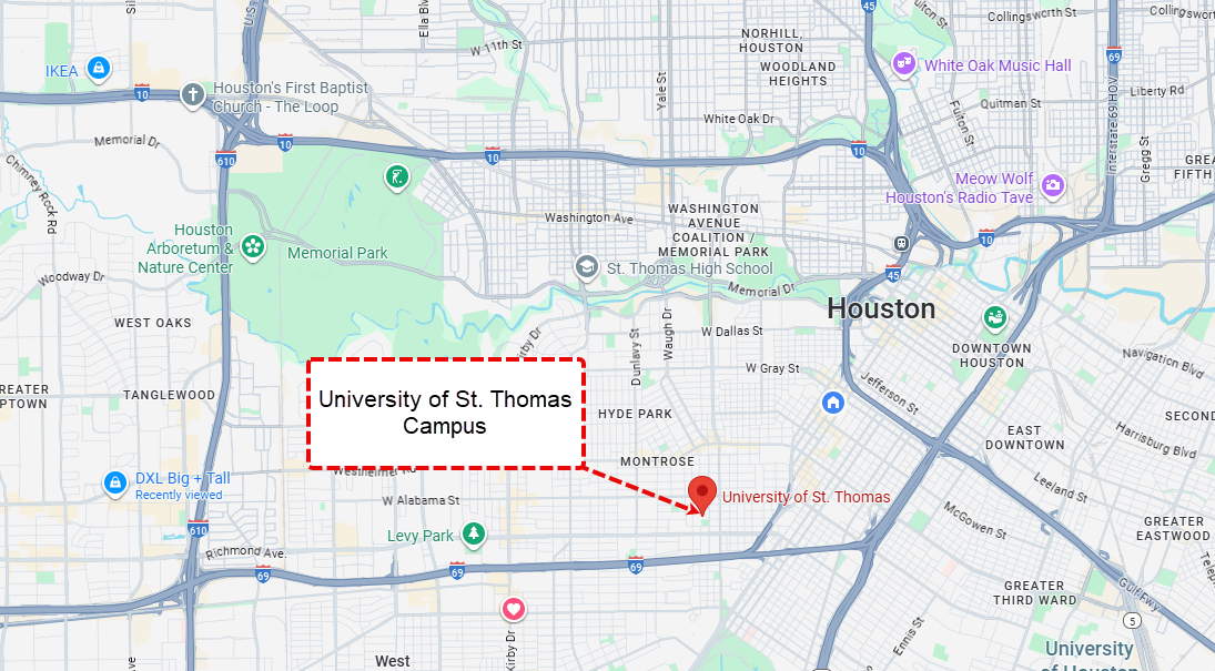 A screenshot of Google Maps showing the eastern part of Houston and referencing the location of the University of St. Thomas campus.